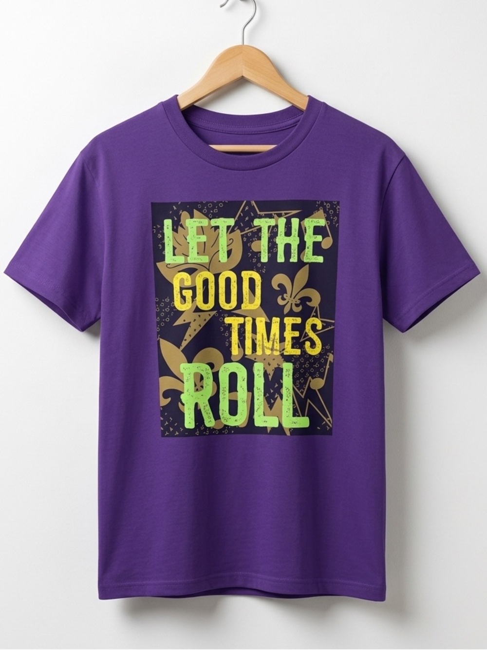 Mardi Gras New Orleans “Let The Good Times Roll” Purple Graphic Short Sleeve Tee